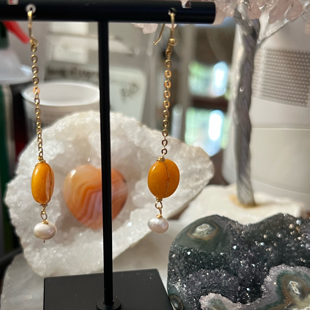 Bnwot Handmade 18kg Over Surgical Stainless Steel Earrings WPearl  Yellow Jade